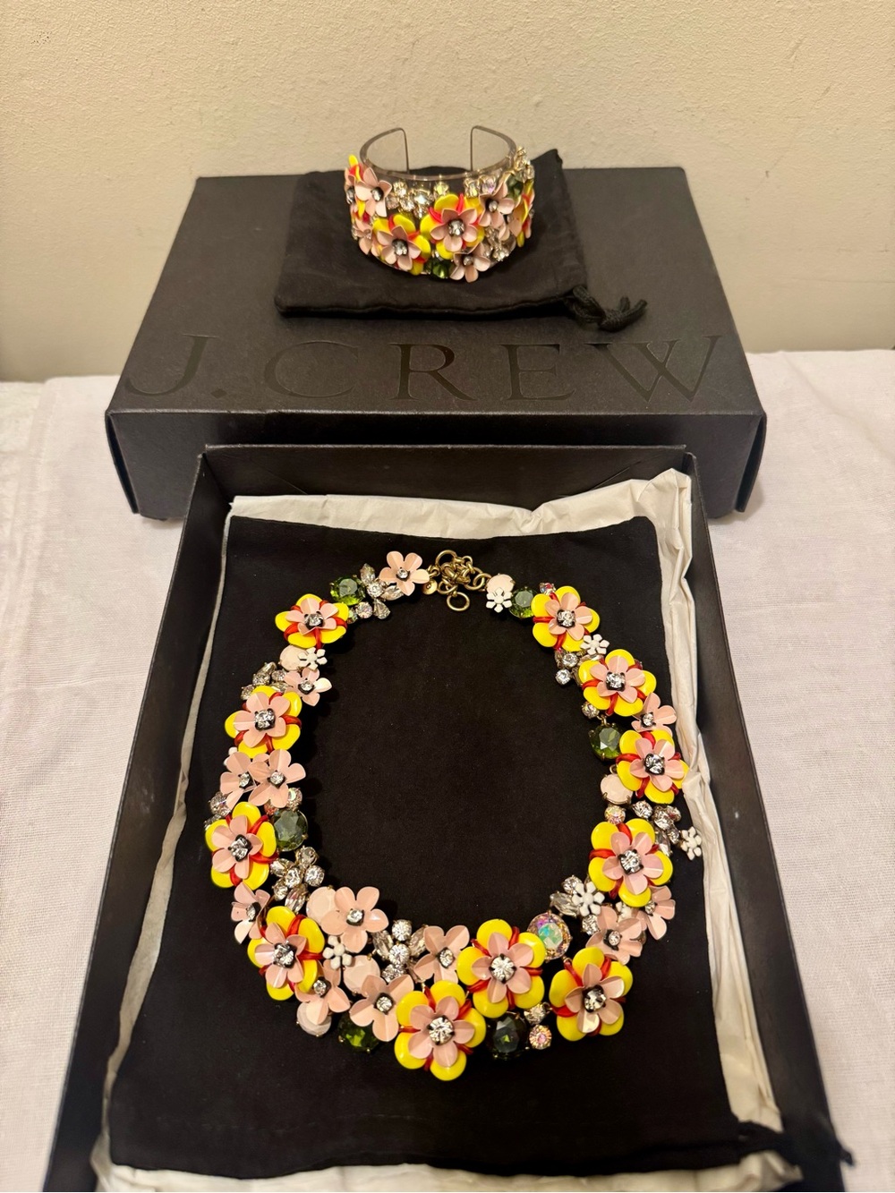 Vintage Rare J.Crew Floral Bib Statement Necklace & Flower Cuff Complete Set